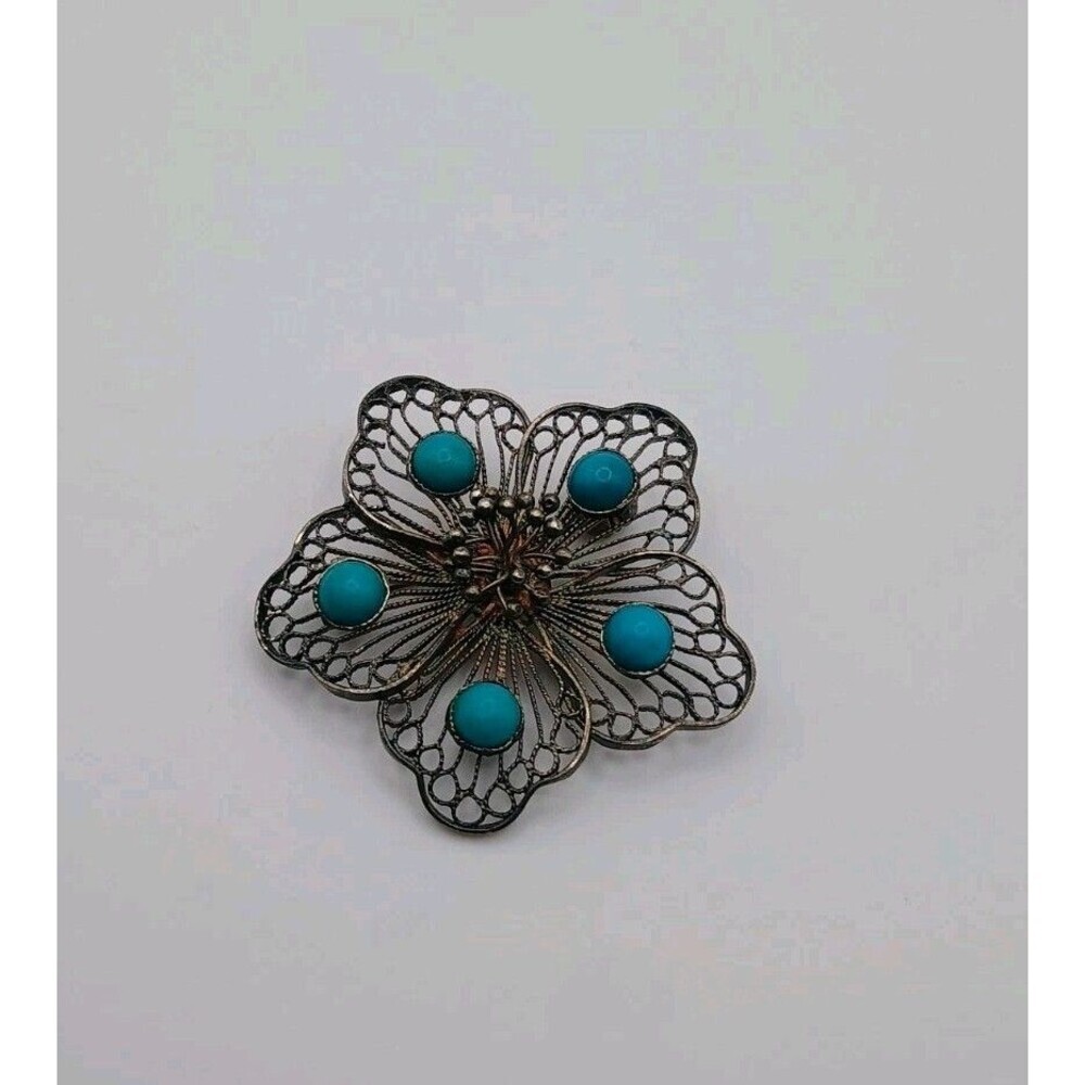 Vintage Silver Filigree Flower Brooch Turquoise Color Cabochons 5g